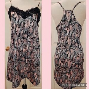 Y2K Cozy Rozy Satin Pink Snakeskin Print Lingerie Slip Dress w Lace Trim.